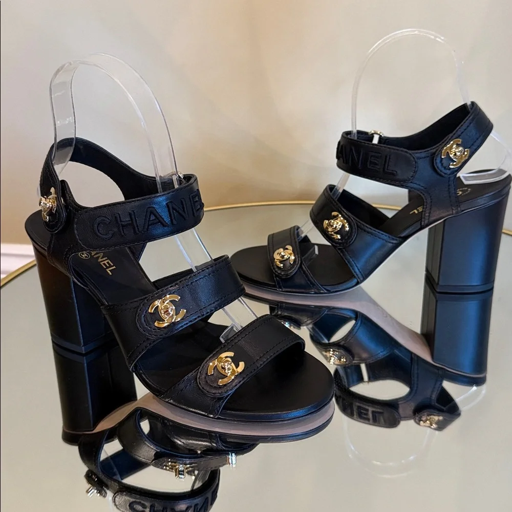 CHANEL Black leather logo Gold Turn-lock heeled sandals size 36.5 - Picture 11 of 17